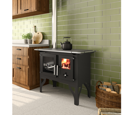 Fogão a Lenha 77m² Dupla Combustão Barcelona F700FE - N1 Tampo Ferro Fundido Saída Esquerda