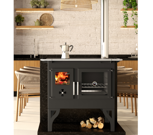 Fogão a Lenha 90m² Dupla Combustão Barcelona F820 - Nº 2 Tampo Ferro Fundido Saída Direita ou Esquerda
