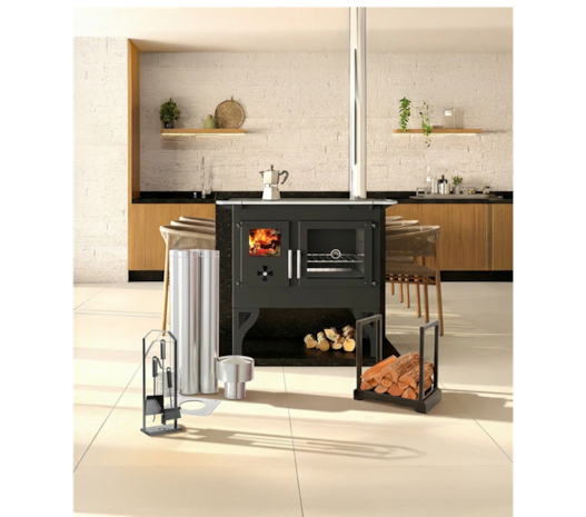 Fogão a Lenha 90m² Dupla Combustão Barcelona F820 - Nº 2 Tampo Ferro Fundido Saída Direita ou Esquerda + Kit de Limpeza KL250CP + Porta Lenhas PL500CP