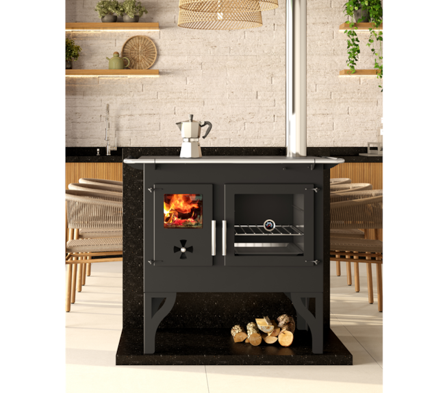 Fogão a Lenha 90m² Dupla Combustão Barcelona F820 - Nº 2 Tampo Ferro Fundido Saída Direita ou Esquerda + Kit de Limpeza KL250CP + Porta Lenhas PL500CP