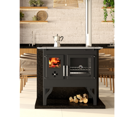Fogão a Lenha 90m² Dupla Combustão Barcelona F820 - N2 Tampo Ferro Fundido Saída Direita ou Esquerda + Kit de Limpeza KL250CP + Porta Lenhas PL500CP