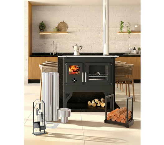Fogão a Lenha 90m² Dupla Combustão Barcelona F820F - Nº 2 Tampo de Ferro Fundido + Kit de Instalação + Kit de Limpeza + Porta Lenhas