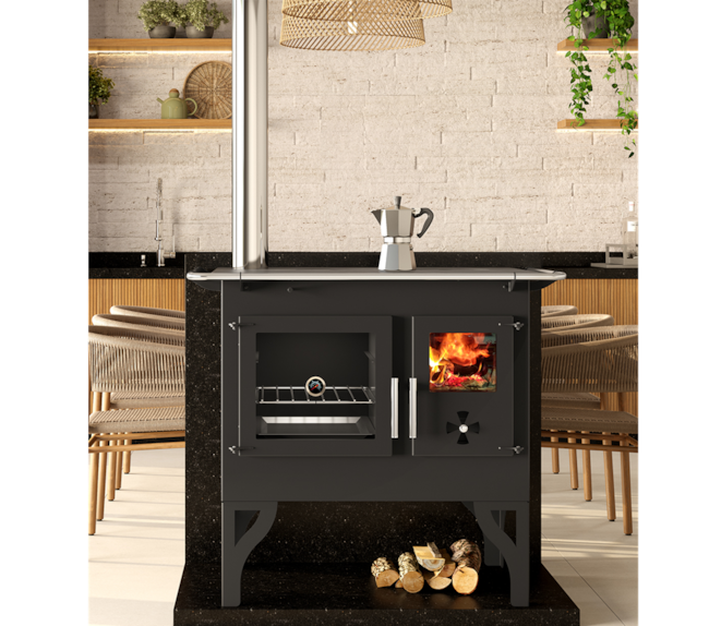 Fogão a Lenha 90m² Dupla Combustão Barcelona F820FE - N2 Tampo Ferro Fundido Saída Esquerda
