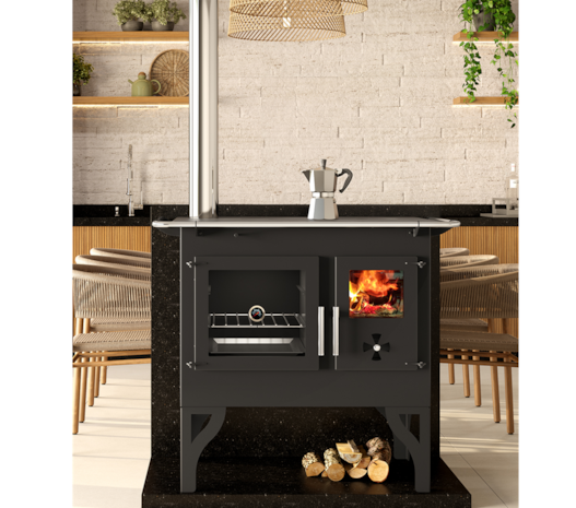 Fogão a Lenha 90m² Dupla Combustão Barcelona F820FE - N2 Tampo Ferro Fundido Saída Esquerda