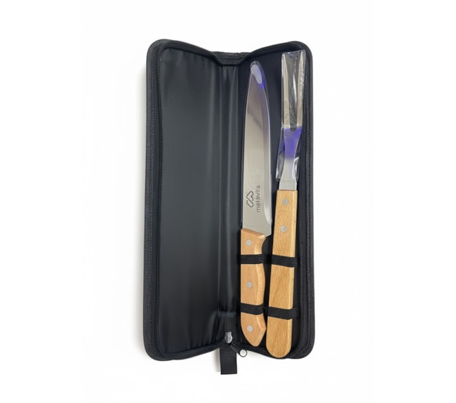 Segunda imagem do produto Kit Churrasco 2 Peças com Estojo Personalizado Metávila – Garfo e Faca em Aço Inox